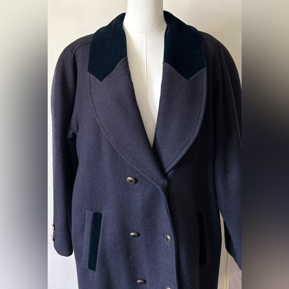 Vintage Navy Wool With Velvet Accent Classic Old Money Full Length Overcoat - Picture 3 of 11